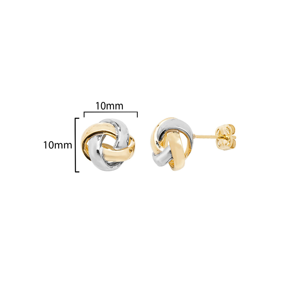9ct Gold Two-Tone White and Yellow Gold Knot Earring - Hypoallergenic 9ct Gold Jewellery for Ladies - 10mm * 10mm