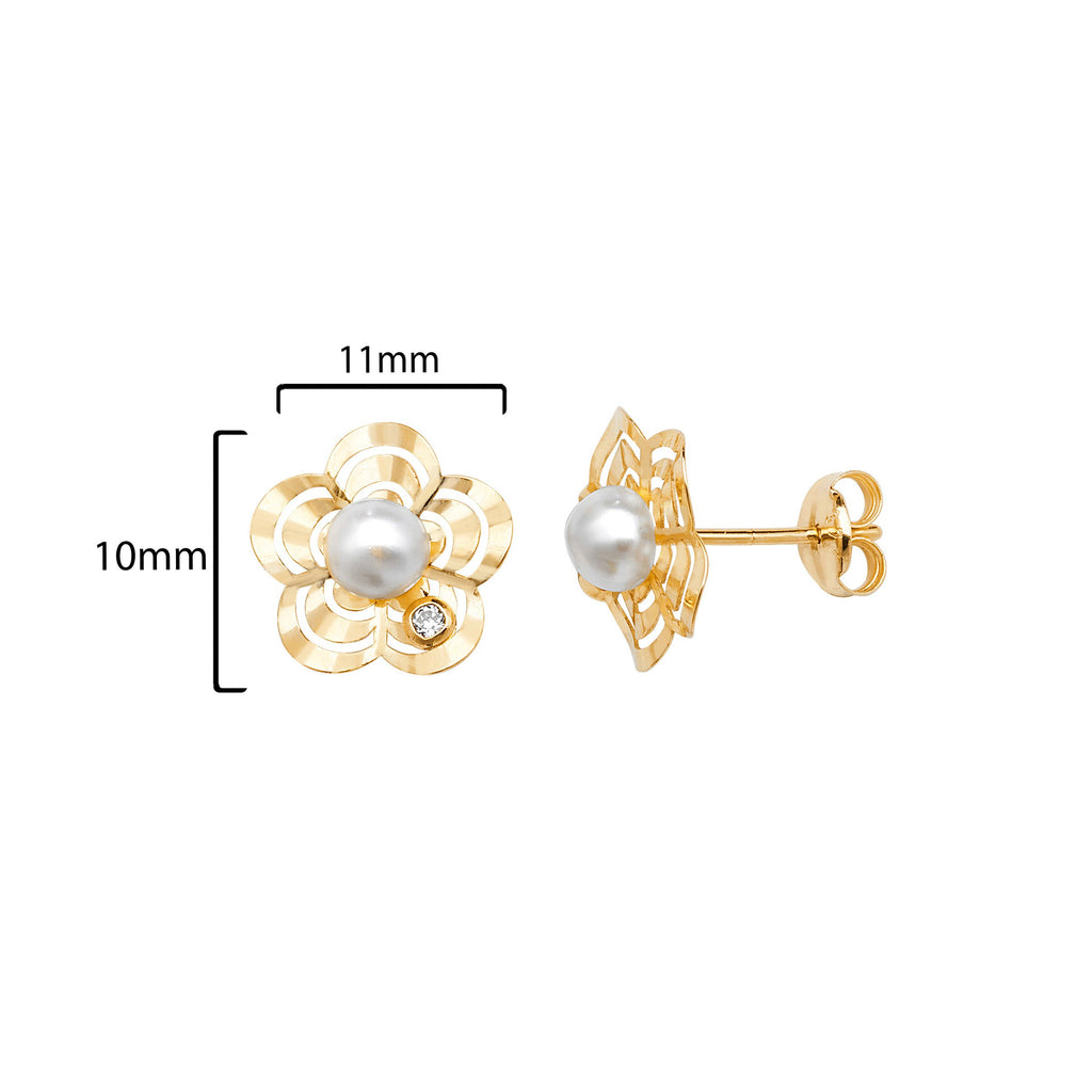 9ct Gold Flower Stud Earrings with Synthetic Pearl - Hypoallergenic 9ct Gold Jewellery for Ladies  - 10mm * 11mm