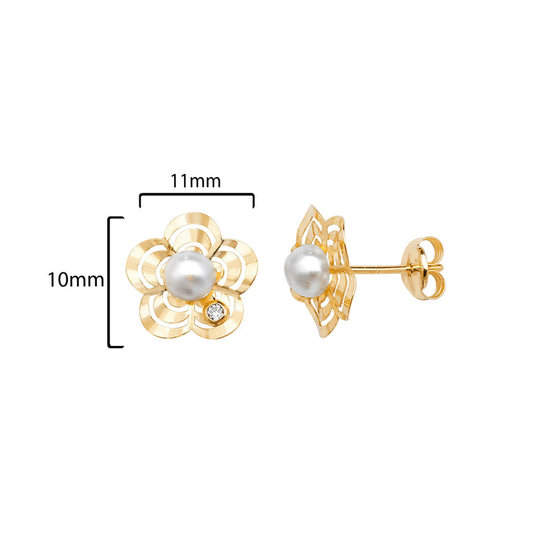 9ct Gold Flower Stud Earrings with Synthetic Pearl - Hypoallergenic 9ct Gold Jewellery for Ladies  - 10mm * 11mm