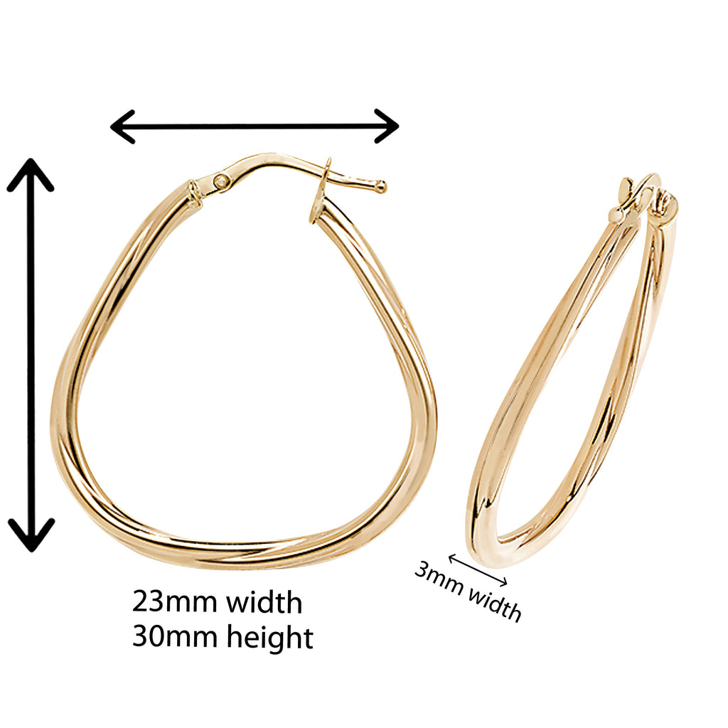 9ct Twisted Detail Hoop Earrings. 30mm*23mm. Hypoallergenic 9ct Gold Jewellery for women.