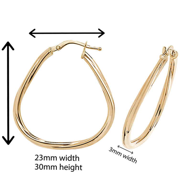 9ct Twisted Detail Hoop Earrings. 30mm*23mm. Hypoallergenic 9ct Gold Jewellery for women.