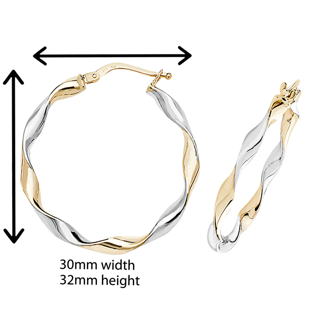 9ct Gold Two Tone Hoop Earrings. 32mm*30mm. Hypoallergenic 9ct Gold Jewellery for women.