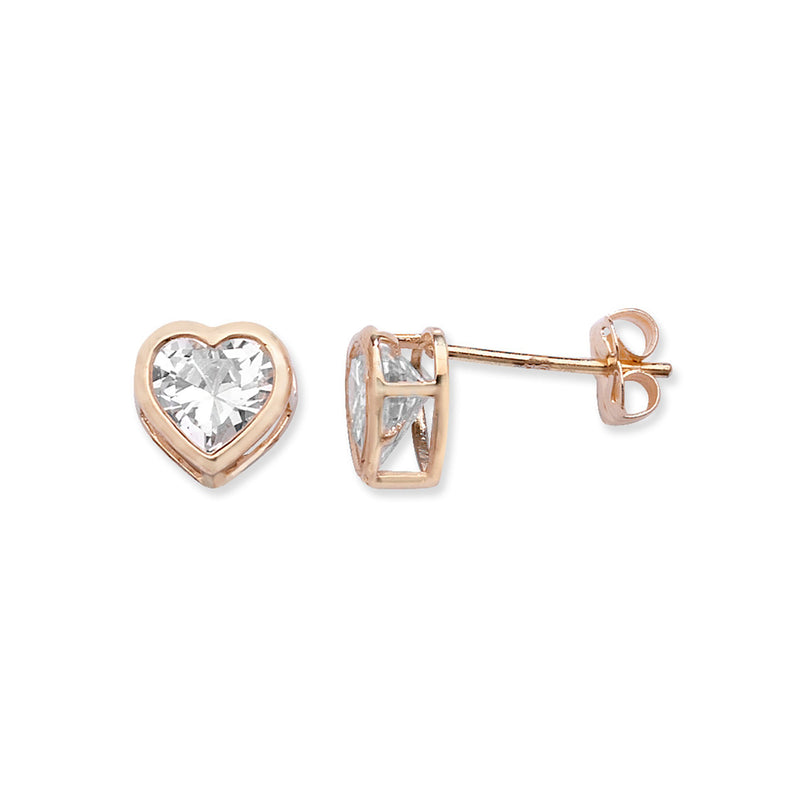 9ct Gold Heart Stud Earrings with Cubic Zirconia - Hypoallergenic 9ct Gold Jewellery for Ladies - 6mm * 6mm