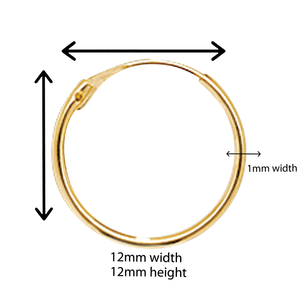 9ct Gold hoop Earrings.  12mm*12mm.  Hypoallergenic 9ct Gold Jewellery for women.