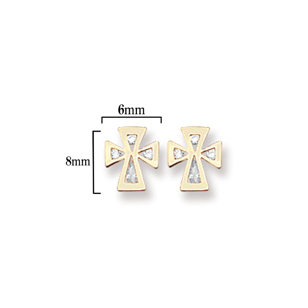 9ct Gold Cross Stud Earrings with Cubic Zirconia - Hypoallergenic 9ct Gold Jewellery for Ladies- 8mm * 6mm