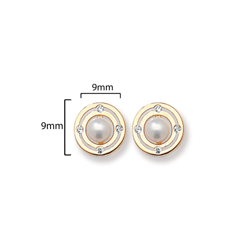 9ct Gold Stud Earrings with Cubic Zirconia and Synthetic Pearl - Hypoallergenic 9ct Gold Jewellery for Ladies - 9mm * 9mm