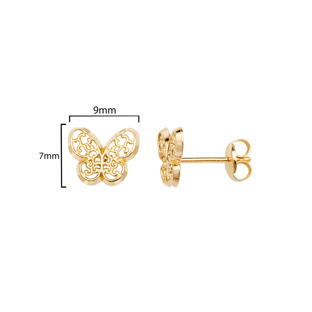 9ct Gold Openwork Butterfly Stud Earrings - Hypoallergenic 9ct Gold Jewellery for Ladies - 7mm * 9mm