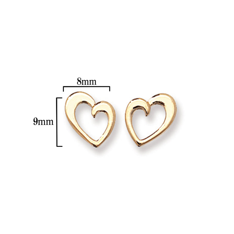 9ct Gold Heart Stud Earrings - Hypoallergenic 9ct Gold Jewellery for Ladies - 9mm * 8mm