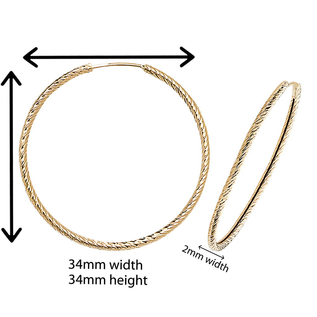 9ct Gold Ribbed  hoop Earrings.  34mm*34mm.  Hypoallergenic 9ct Gold Jewellery for women..