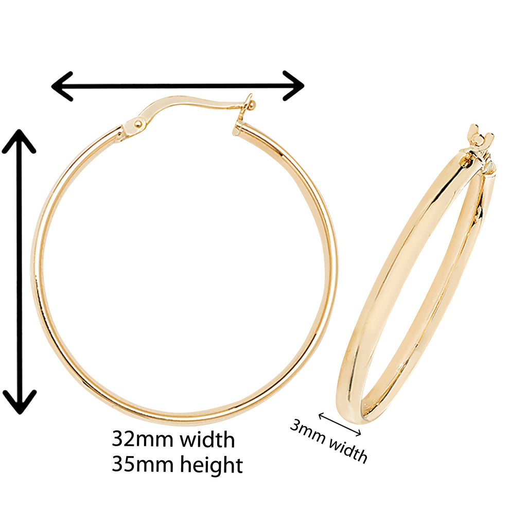 9ct Gold Hoop Earrings.  35mm * 32mm. 9ct  Hypoallergenic 9ct Gold Jewellery for women.