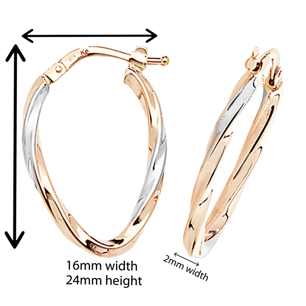 9ct Two Tone Gold Oval hoop Earrings.  24mm*16mm.  Hypoallergenic 9ct Gold Jewellery for women..