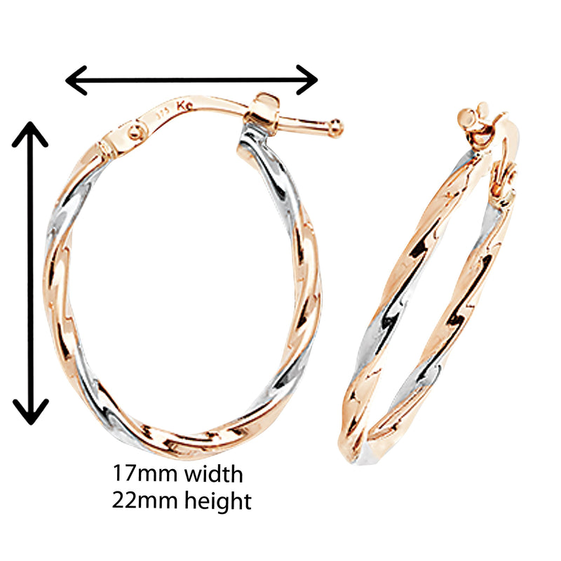 9ct Gold Two Tone Oval hoop Earrings.  22mm * 17mm Hypoallergenic 9ct Gold Jewellery for women..