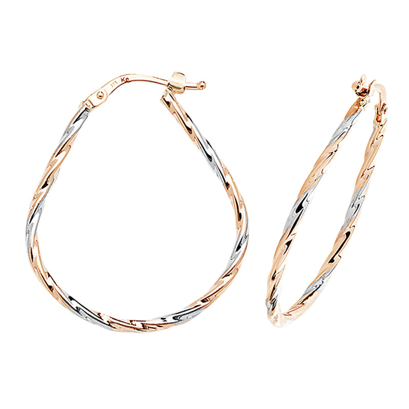 9ct Two Tone Gold Twisted Oval Hoop Earrings.  31mm * 27mm.  Hypoallergenic 9ct Gold Jewellery for women.