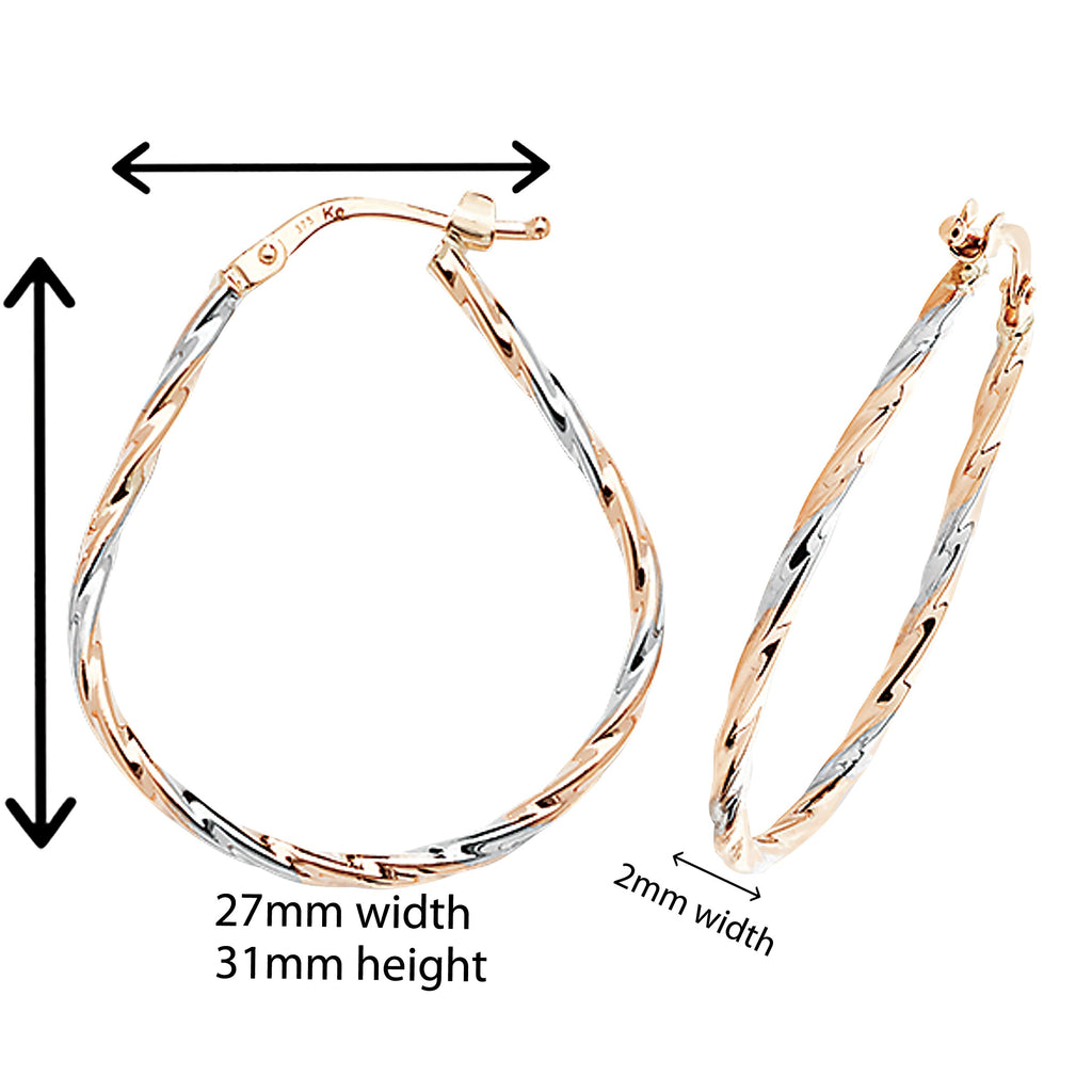 9ct Two Tone Gold Twisted Oval Hoop Earrings.  31mm * 27mm.  Hypoallergenic 9ct Gold Jewellery for women.