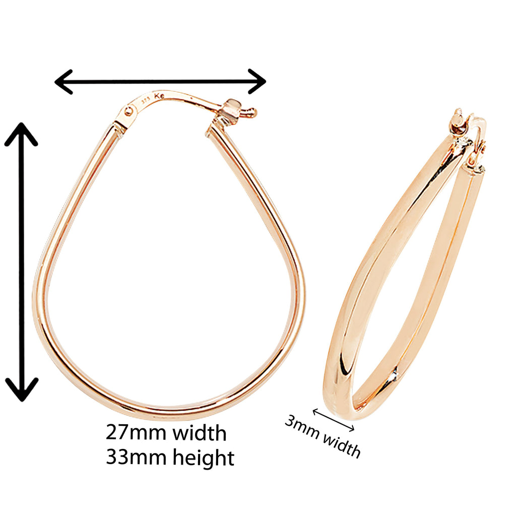 9ct Gold Oval Hoop Earrings.  33mm * 27mm.  Hypoallergenic 9ct Gold Jewellery for women.