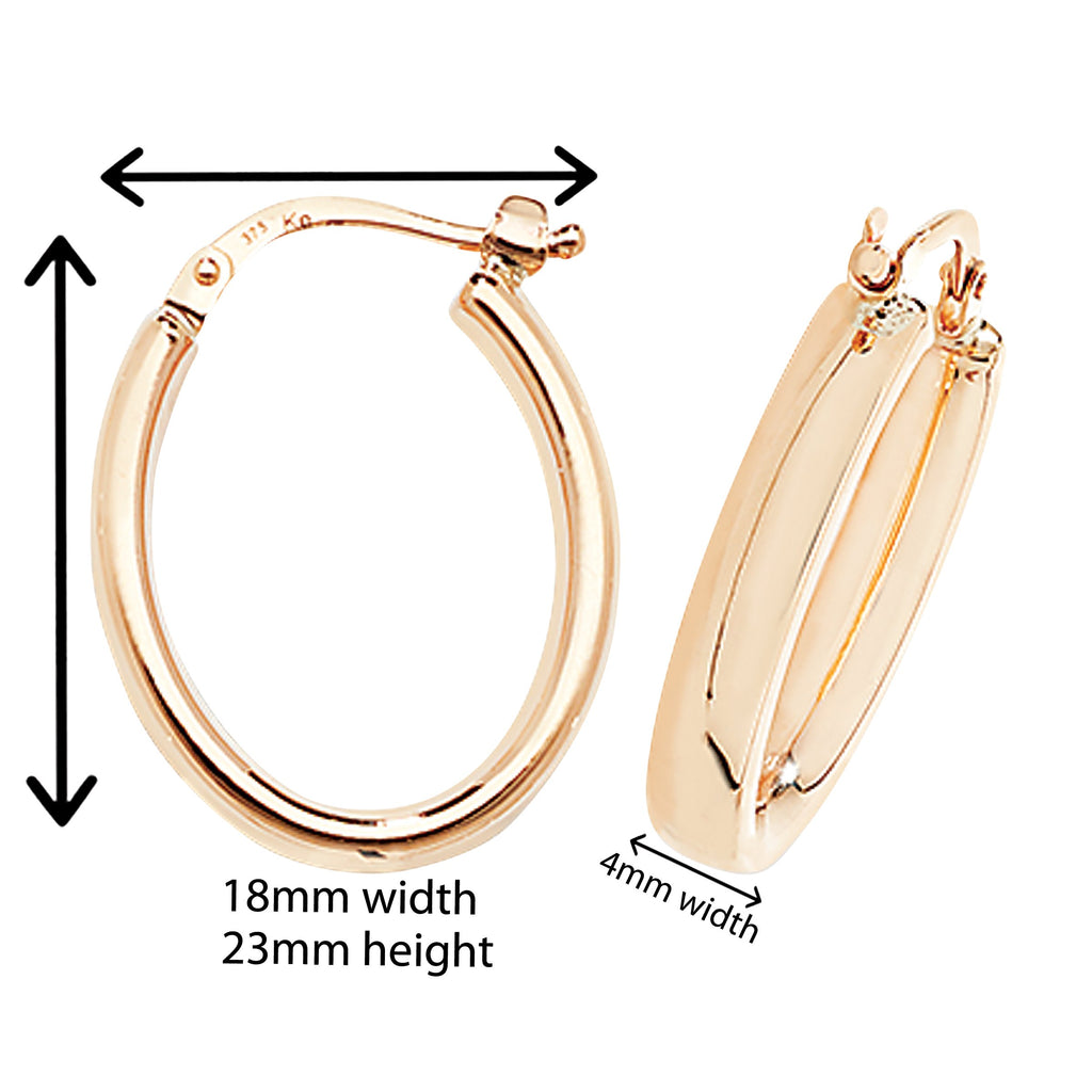 9ct Gold Oval Hoop Earrings.  23mm * 18mm.  Hypoallergenic 9ct Gold Jewellery for women.