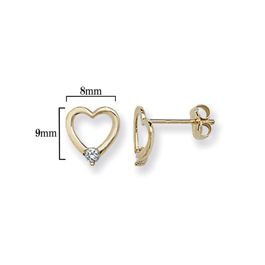 9ct Gold Open Heart Stud Earrings with Cubic Zirconia - Hypoallergenic 9ct Gold Jewellery for Ladies - 9mm * 8mm