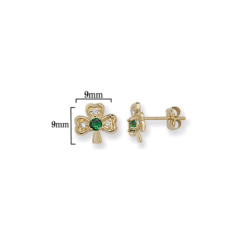 9ct Gold Shamrock Stud Earrings with Emerald Green Cubic Zirconia - Hypoallergenic 9ct Gold Jewellery for Ladies - 9mm * 9mm