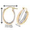 9ct Two Tone Gold Oval Hoop Earrings.  21mm * 15mm.  Hypoallergenic 9ct Gold Jewellery for women.