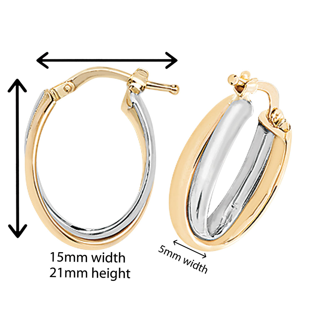 9ct Two Tone Gold Oval Hoop Earrings.  21mm * 15mm.  Hypoallergenic 9ct Gold Jewellery for women.