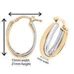 9ct Two Tone Gold Oval Hoop Earrings.  21mm * 15mm.  Hypoallergenic 9ct Gold Jewellery for women.