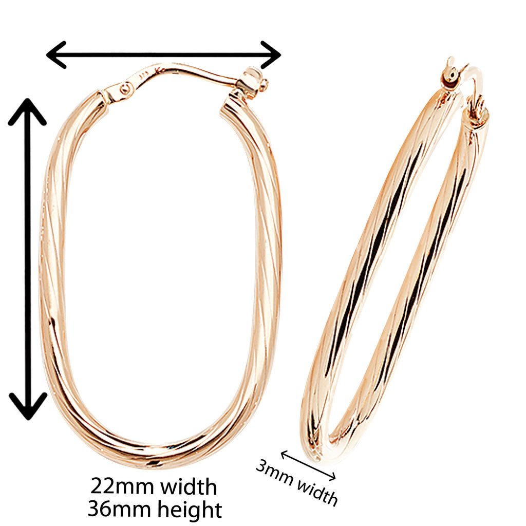 9ct Gold Ribbed Oval Hoop Earrings.  36mm * 22mm.  Hypoallergenic 9ct Gold Jewellery for women.