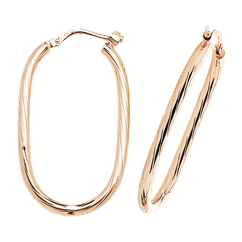 9ct Gold Ribbed Oval Hoop Earrings.  36mm * 22mm.  Hypoallergenic 9ct Gold Jewellery for women.