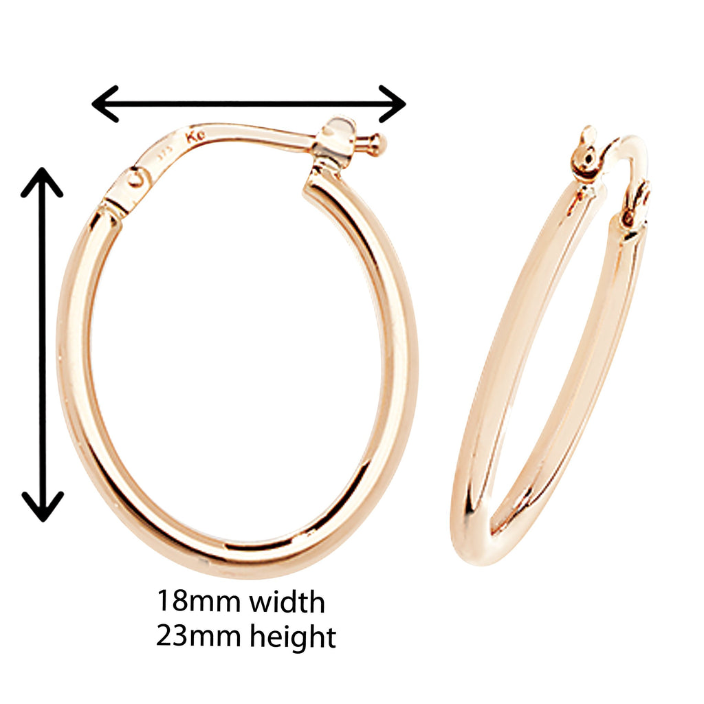 9ct Gold Oval Hoop Earrings.  23mm * 18mm. Hypoallergenic 9ct Gold Jewellery for women.