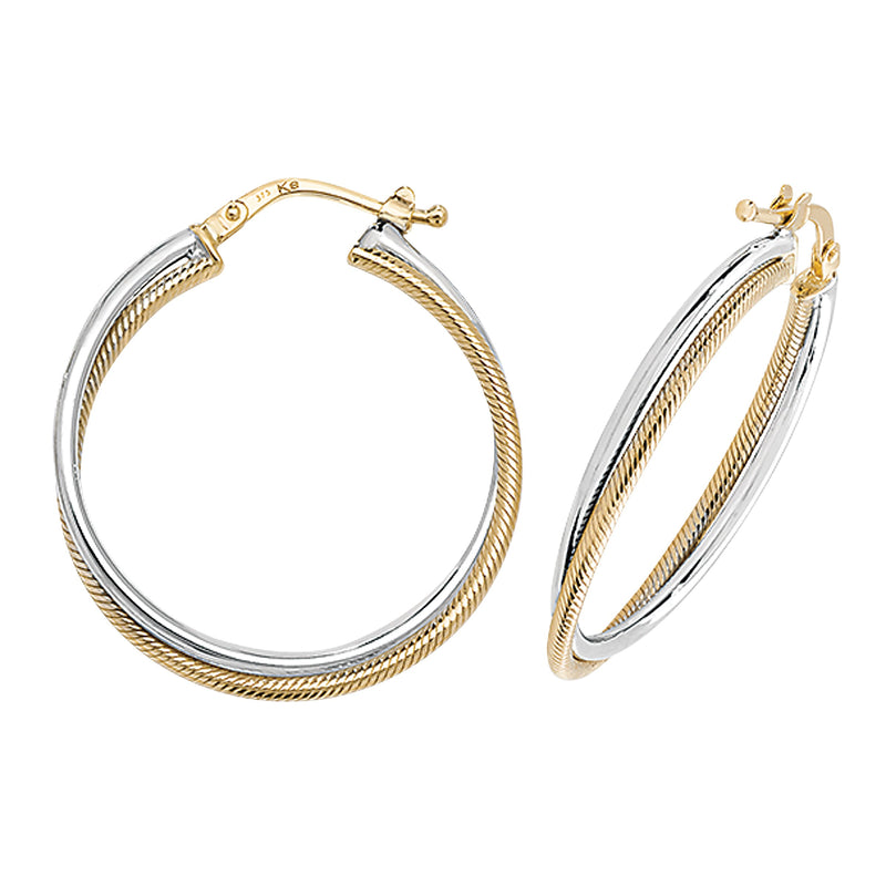 9ct Two Tone Gold Ribbed Oval Hoop Earrings.  30mm * 27mm.  Hypoallergenic 9ct Gold Jewellery for women.