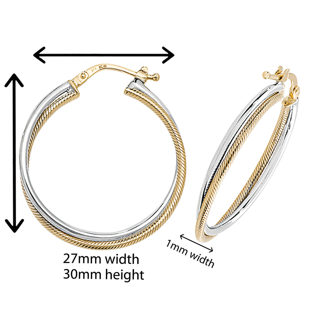 9ct Two Tone Gold Ribbed Oval Hoop Earrings.  30mm * 27mm.  Hypoallergenic 9ct Gold Jewellery for women.