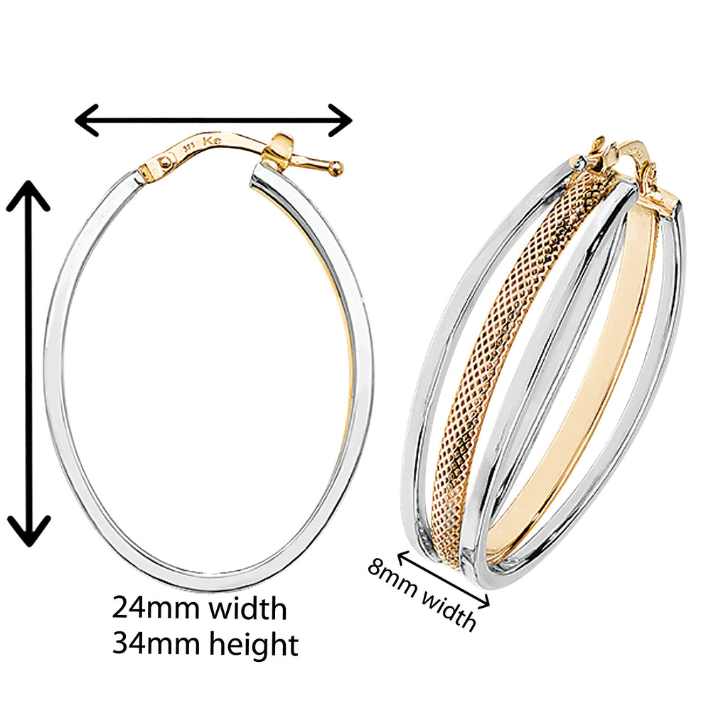 9ct Gold Two Tone Double Style Hoop Earrings. 34mm*344mm. Hypoallergenic 9ct Gold Jewellery for women.