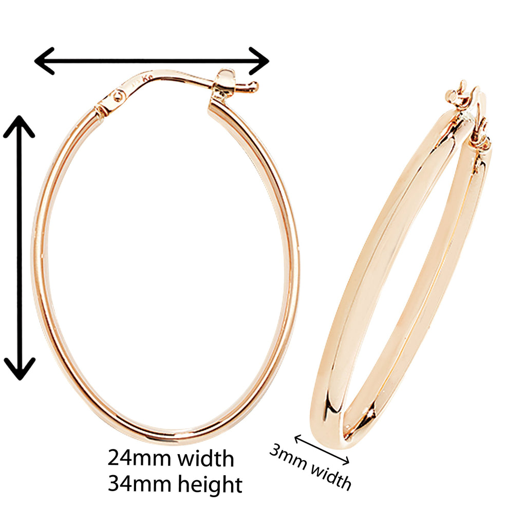 9ct Gold Oval Hoop Earrings.  24mm * 24mm.  Hypoallergenic 9ct Gold Jewellery for women.