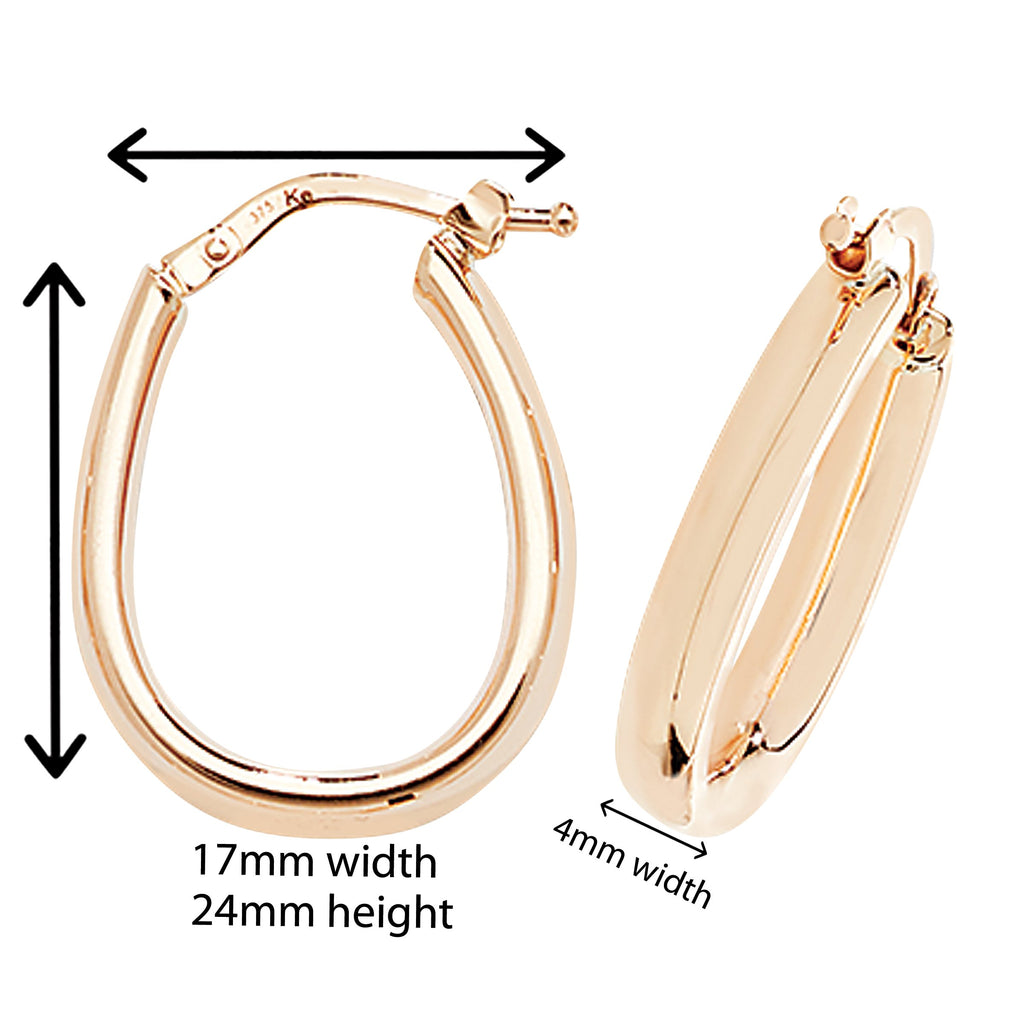 9ct Gold Oval Hoop Earrings.  21mm * 22mm.  Hypoallergenic 9ct Gold Jewellery for women.