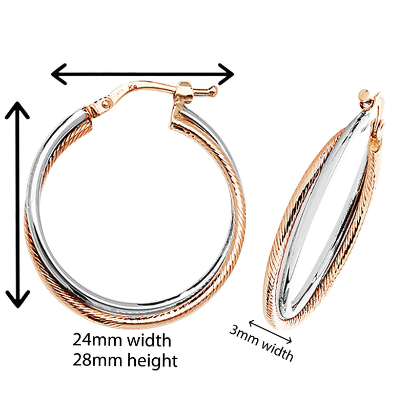9ct Two Tone Gold hoop Earrings.  28mm*24mm. Hypoallergenic 9ct Gold Jewellery for women..