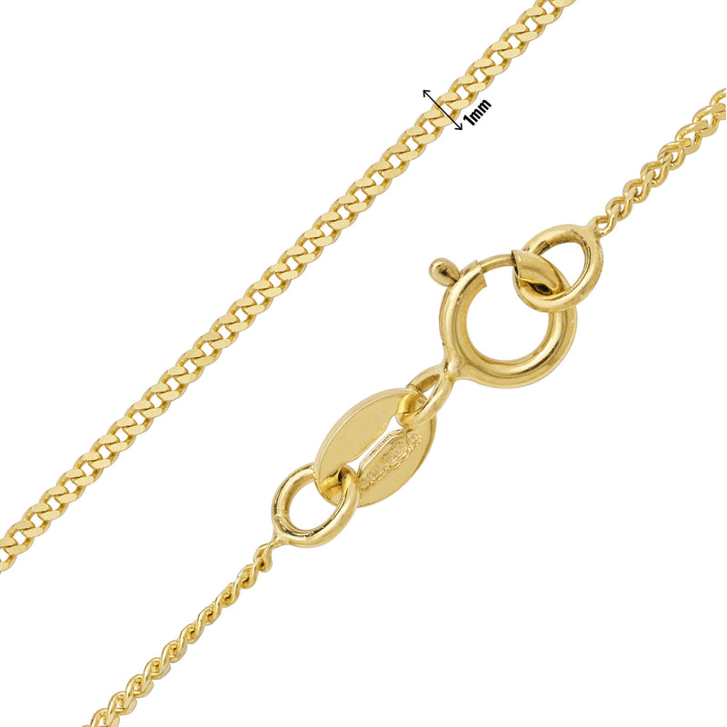 9ct Yellow Gold 1mm Diamond Cut Curb  Necklace 20 inches. Hypoallergenic 9ct Gold Jewellery for women