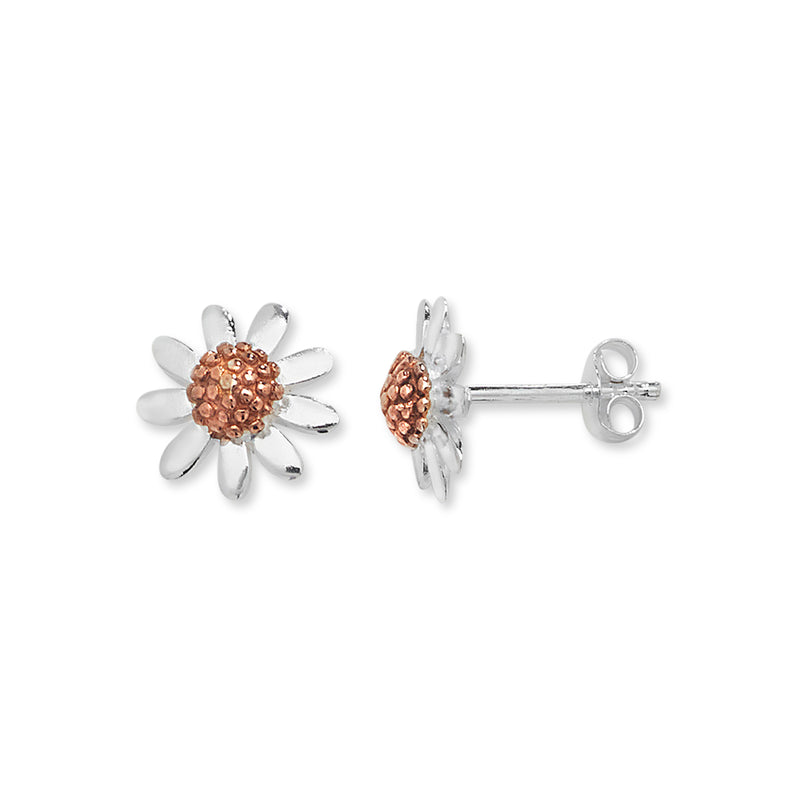 Sterling Silver Daisy Earrings, with Rose Gold Plated Floral Head