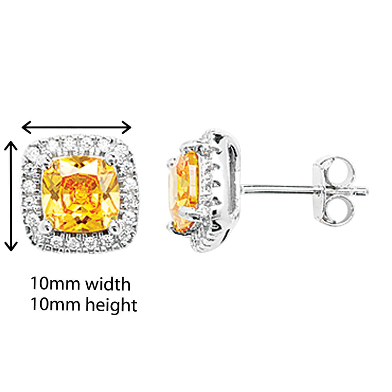 Square Citrine and White Cubic Zirconia Earrings - Hypoallergenic Sterling Silver for Ladies