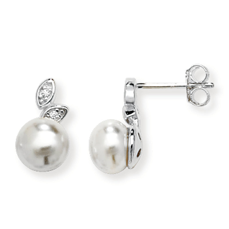 Sterling Silver Synthetic Pearl Leaf Drop Earrings. Hypoallergenic Silver Jewellery for women by Aeon