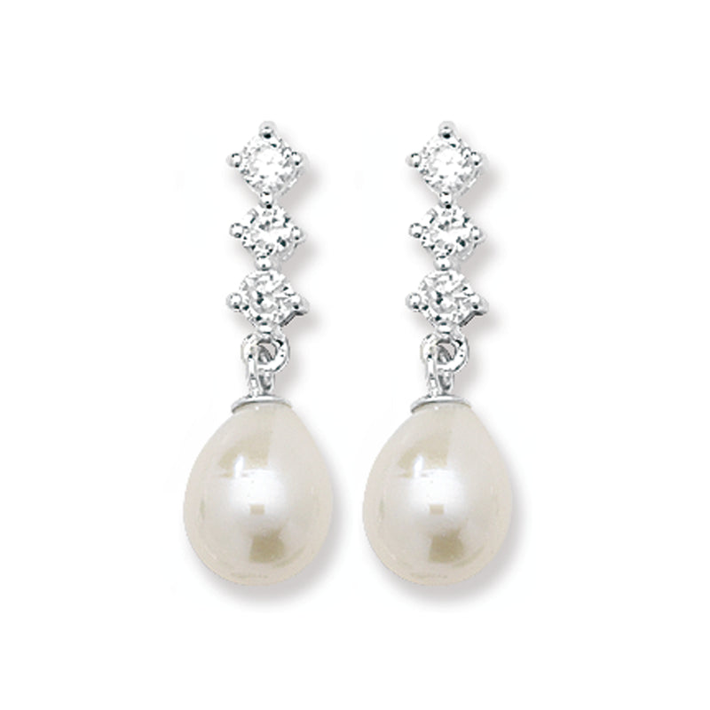 Sterling Silver Synthetic Pearl and Cubic Zirconia Drop Earrings.  Hypoallergenic Silver Jewellery for women by Aeon