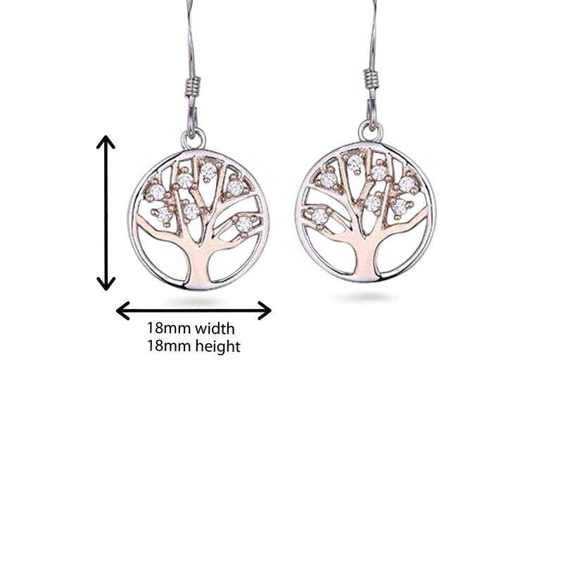 Sterling Silver Tree of Life Earrings set with Cubic Zirconia and Rose Gold Plating. Hypoallergenic Sterling Silver Earrings for women