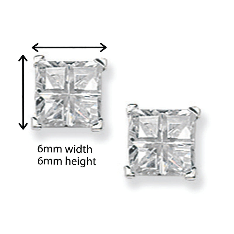 Sterling Silver Fancy Cut Square Earrings with Cubic Zirconia.  Hypoallergenic Silver Stud Earrings For Women