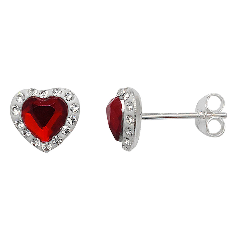 Garnet and White Crystal Heart Stud Earrings - Hypoallergenic Sterling Silver Jewellery for Ladies