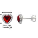 Garnet and White Crystal Heart Stud Earrings - Hypoallergenic Sterling Silver Jewellery for Ladies