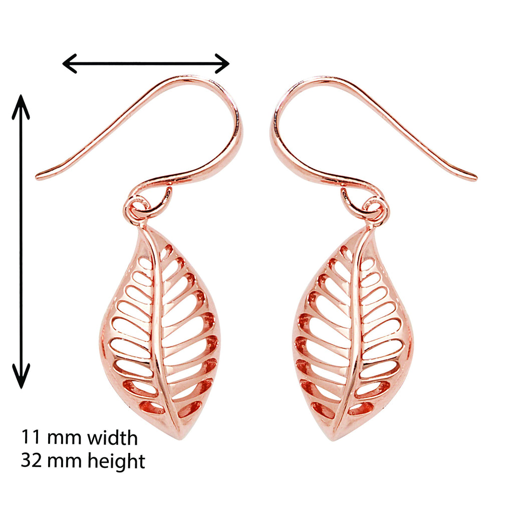 Aeon Sterling Silver Rose Gold Plated Leaf Drop Earring - Hypoallergenic Sterling Silver Jewellery for Women - Elegant Design Unique Durable Style for Ladies - 32mm * 11mm