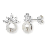 Cubic Zirconia Synthetic Pearl Earrings with leaf design. Hypoallergenic Sterling Silver Earrings for women by Aeon