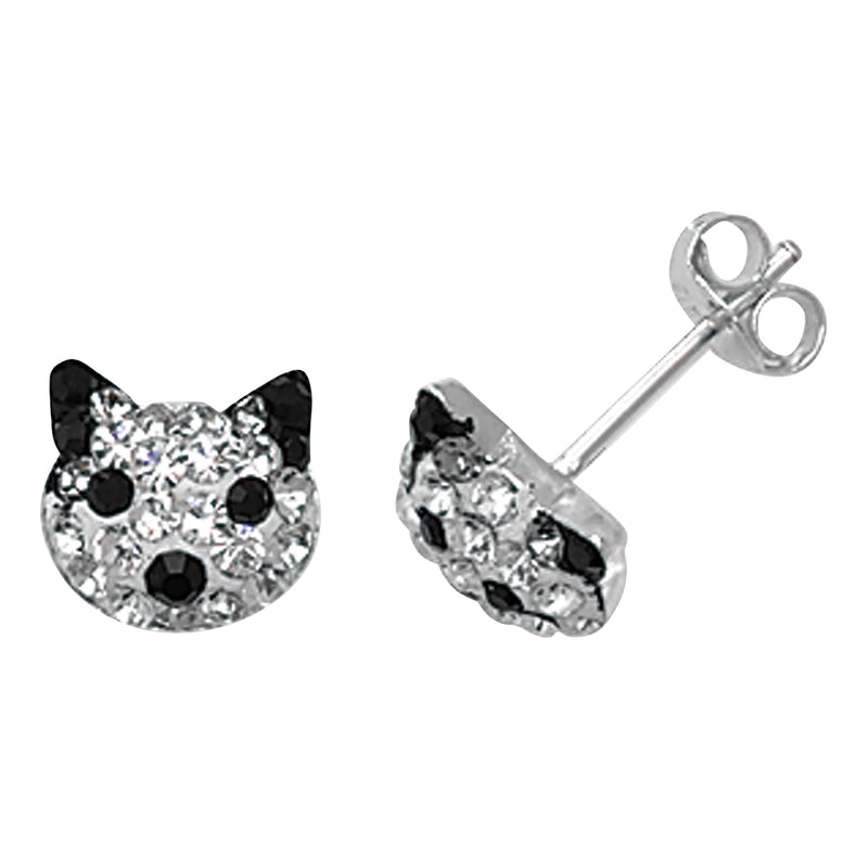 Sterling Silver Black & White  Cat Stud Earrings - Hypoallergenic  Silver Earrings for Kids, - 9mm * 9mm