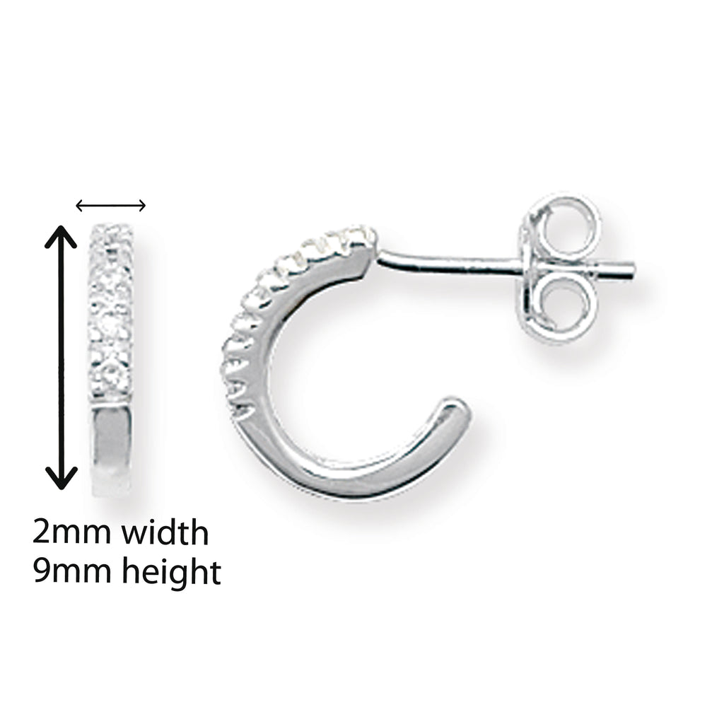 Sterling Silver Small Cubic Zirconia Half Hoop Earrings. Hypoallergenic Ladies Jewellery by Aeon