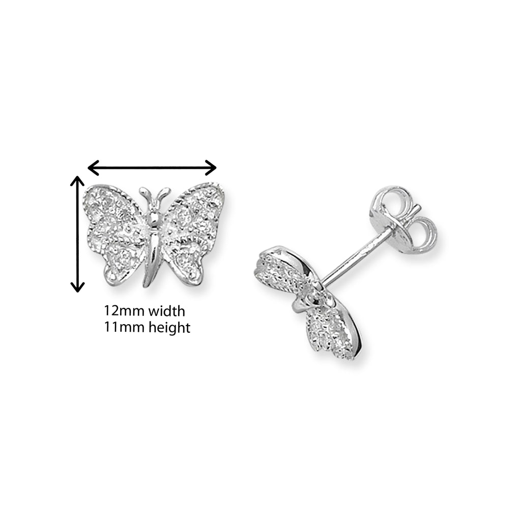 Kids Butterfly Stud Earrings with Cubic Zirconia.  Hypoallergenic Sterling Silver Earrings for kids