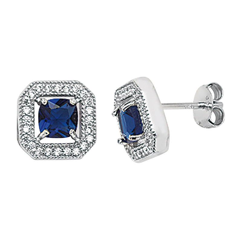 Sapphire Cubic Zirconia Square Stud Earrings - Hypoallergenic Sterling Silver Jewellery for Ladies