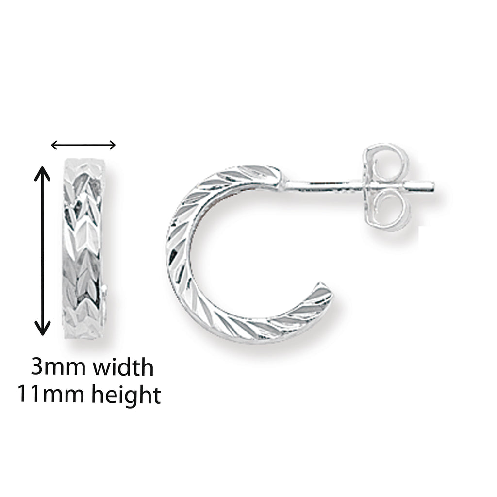 Sterling Silver Diamond Cut Half Hoop Earrings. Hypoallergenic Silver Earrings For Women